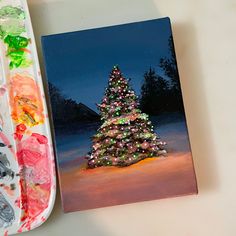 Christmas Tree, Snow, Night time Christmas Tree Ideas Painting, Small Canvas Christmas Paintings, Christmas Painting Aesthetic, New Years Painting Ideas, New Years Painting, Christmas Tree Painting Ideas, Winter Painting Ideas Easy, Simple Christmas Paintings