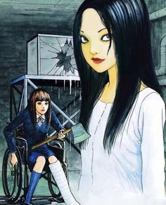 a woman in a wheel chair next to a girl with long black hair and green eyes