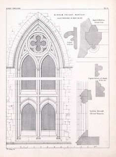 an architectural drawing of the front and side of a church with its arched window, door and