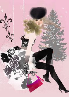 a woman sitting in front of a christmas tree holding a pink purse and wearing black stockings