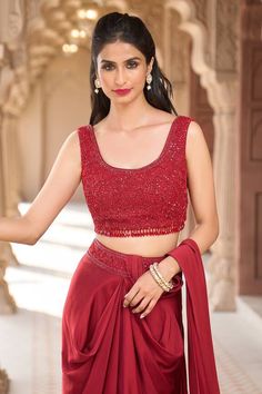 Red draped saree skirt with embroidered waistband. Comes with blouse with tonal sequins and bead embroidery. - Aza Fashions Skirt With Blouse, Saree Skirt, Stylish Drapes, Saree Gowns, Cotton Sarees Handloom, Draped Saree, Ruffle Saree, Drape Saree, Draped Skirt