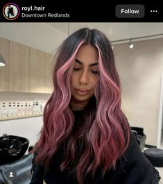 Dark Hair Peekaboo Highlights, Valentines Day Hair Color, Brown And Pink Hair, Underdye Hair, Pink Hair Highlights, Dimensional Highlights, Two Color Hair, Hair Flowing, Highlights For Dark Brown Hair