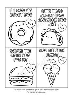 cute kawaii Valentine cards to color free printable pdf with kawaii taco, donut, burger, and ice cream and funny puns Valentines Day Pdf Free Printable, Happy Valentine Day Cards Free Printable, Valentine’s Day Card Printable, Valentines Day Cards Printable Free, Printable Valentine’s Day Cards, Valentines Card Templates Free Printable, Valentine Card Coloring Free Printable, Coloring Valentines Day Cards For Kids, Printable Valentines Day Cards To Color