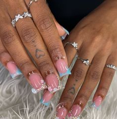 @THEBRIANNAA ☆ Pink French Tip With Charms, Valentines Nails French, Nail Inspo Hello Kitty, Duck Nails Short, French Tip Nails Pink, Azul Nails, Nails Sanrio, Nails Freestyle, Nails Airbrush