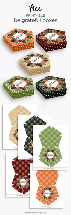 several boxes with different designs on them and the words free printable be grateful boxes