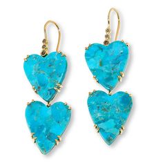 Rarities Composite Turquoise and Diamond Double Heart Earrings  Colorful, heart-themed gemstone drop earrings are just the thing to brighten up any ensemble. Their gold-plated design features two hearts of turquoise composite, topped with the sophisticated sparkle of champagne diamonds.         Approx. 2-1/4"L x 11/16"W      Stamped .925; 22-24K gold-plating     Pierced with wire backs     Gold-plated earring drop design has two prong-set, composite turquoise heart shapes     Round, champagne di Elegant Turquoise Heart Earrings, Elegant Turquoise Jewelry With Heart Beads, Elegant Turquoise Heart Beads Jewelry, Elegant Turquoise Heart-shaped Jewelry, Elegant Turquoise Heart Cut Jewelry, Turquoise Heart Earrings, Gemstone Drop Earrings, Heart Themed, Earrings Colorful