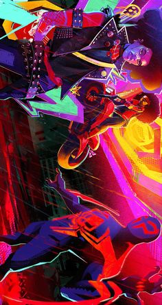 an abstract painting of a man riding a skateboard in the air with neon colors