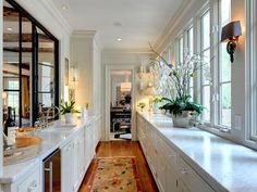 a long white kitchen with lots of windows and plants in vases on the counter