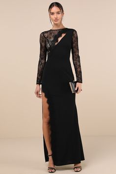 Flawlessly Confident Black Lace Asymmetrical Cutout Maxi Dress Asymmetrical Maxi Dress, Black And Blue Dress, Black Floral Maxi Dress, Fall Wedding Guest Dress, Long Sleeve Prom, Cutout Maxi Dress, Fall Wedding Dresses, Prom Dresses With Sleeves, Prom Dresses Long With Sleeves