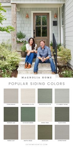 two people sitting on steps in front of a house with the color scheme for popular siding colors