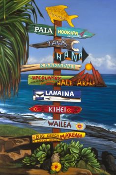 a painting of many different signs on the beach