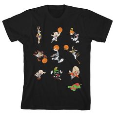 Shoot some hoops with this Space Jam tee. The shirt features Lola, Porky Pig, Slyvester and Tweety, Taz, Bugs Bunny, and Wile E. Coyote passing, dribbling, and shooting basketballs while Elmer Fudd, Marvin the Martian, and Yosemite Sam handle defense at the bottom of the tee. The shirt comes in a black short sleeve crew neck and makes a great gift for young Space Jam fans. Size: x small. Gender: unisex. Age Group: kids. Pattern: Fictitious Character. Material: Cotton. Playful Black T-shirt With Character Print, Black Basketball Fan T-shirt, Black Fun Fan Merchandise Top, Retro Black Top With Cartoon Print, Playful Black T-shirt With Graphic Print, Playful Black Crew Neck T-shirt, Wile E Coyote, Elmer Fudd, Tune Squad