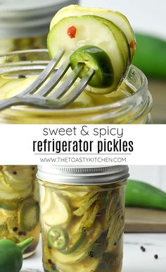 pickled cucumber and spicy refrigerator pickles in a mason jar with a fork