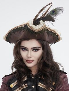 Brown Retro Gothic Lace Ruffle Feather Costume Pirate Hat for Women - Devilnight.co.uk Feather Costume, Costume Pirate, Ruffled Feathers