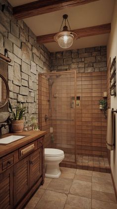 a bathroom with stone walls and wooden cabinets