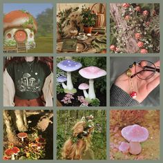 many different pictures with flowers and mushrooms in them