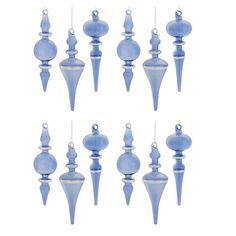 twelve blue glass ornaments hanging from hooks on a white background with clippings to the bottom