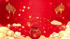 a red and gold chinese new year's background with clouds, lanterns and decorations