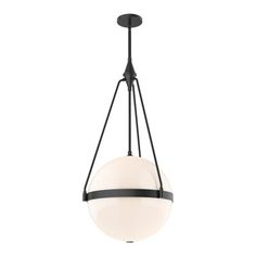 a light fixture with a white glass ball hanging from it's black metal frame