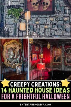 Creepy Creations: 14 Haunted House Ideas For A Frightful Halloween Haunted House Theme Decor, Haunted House Themed Rooms, Haunted House Ideas, Haunted House Dining Room, Haunted House Wall Decor, Underwater Haunted House, Monster House Halloween Decoration, Haunted House Candle Holder, Haunted House Halloween Party