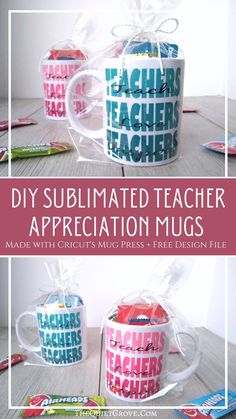 two mugs with teacher's name on them and the words, diy sublimated teacher appreciation mugs