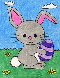 a drawing of a bunny holding an easter egg