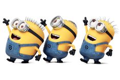 three cartoon minion characters with their arms in the air