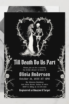 Halloween Bridal Shower Invitation Template, Bride or Die Bridal Shower Invite, Skull Skeleton Couple Black Gothic Floral Wedding Shower Skeleton Bride And Groom, Couple Skeleton, Skeleton Bride, Autumn Bridal, Elegant Theme, White Bridal Shower, Fall Bridal Shower