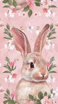 a painting of a rabbit surrounded by flowers and leaves on a pink background with the words happy easter written below it