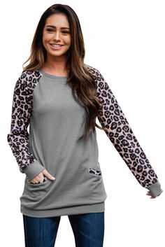 Gray Leopard Long Sleeve Pocket Sweatshirt Winter Sweatshirt, Club Dresses, Grey Hoodie, Affordable Fashion, Favorite Jeans, Body Shapes, Tunic Tops, Fall Winter, Long Sleeve Blouse