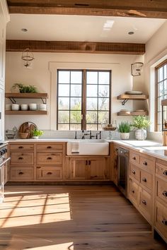 a kitchen with wooden cabinets and white counter tops, along with open shelves on the wall