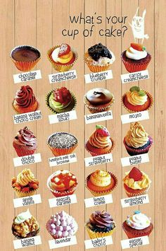 an advertisement for what's your cup of cake? with many different types and flavors