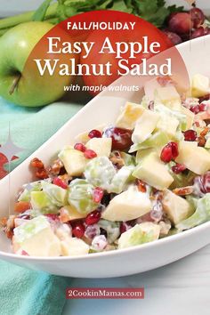 an apple salad in a white bowl on a table