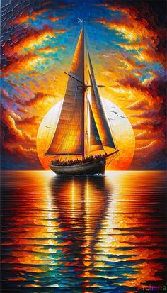 a painting of a sailboat in the ocean at sunset