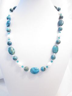 Necklace of Blue (Dyed) Crazy Lace Agate, White Freshwater Pearls, and Swarovski Crystal Accents, Blue Agate Round Necklace, Blue Oval Necklace With Natural Stones, Adjustable Oval Blue Necklace, Adjustable Oval Blue Necklaces, Blue Adjustable Oval Necklaces, Amazonite Jewelry, Blue Dye, Necklace Ideas, Clasp Necklace