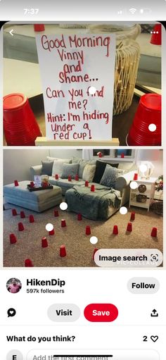 two pictures with red cups on the floor and one has a sign that says good morning