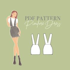 a woman in a short dress with suspenders and boots on her feet, standing next to the words pdf pattern pinafar griss