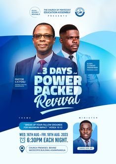 two men in suits and ties standing next to each other with the words 3 days power packed revival