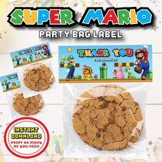 an image of a party bag label for a super mario theme cookie with thank you stickers