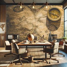 an office with a large world map on the wall and leather chairs in front of it