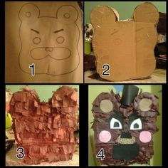 four pictures showing different stages of making a bear head out of toilet paper and cardboard