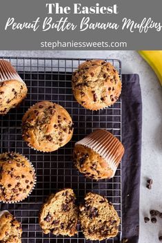 banana muffins on a cooling rack with chocolate chips