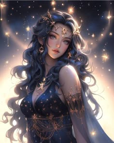 a woman with long dark hair and stars on her head is standing in front of the night sky