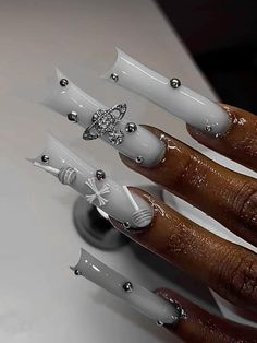 Black French Nails With Charms, Cute Acrylic Nail Designs