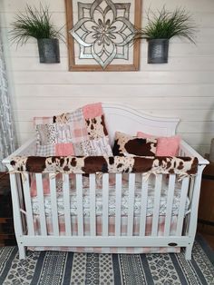 I Want it All 6pc set includes: skirt, sheet, 32x42 blanket, long rail guard, 12x16 pillow cover, and changing pad cover Baby Girl Western Nursery, Country Baby Girl Nursery, Western Baby Bedding, Western Baby Nurseries, Western Baby Girls, Country Baby Rooms, Western Nursery, Cow Nursery, Girl Crib Bedding