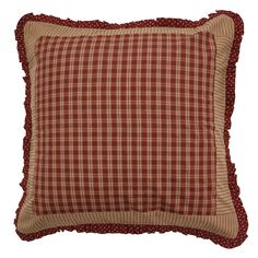 a red and white plaid pillow with ruffle trims on the bottom, in front of a white background