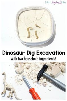 the dinosaur dig excavation with two household ingredients is shown in front of an image of dinosaurs and tools