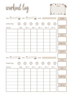 a workout log is shown in this printable