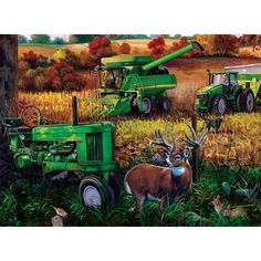 a painting of farm animals and tractors in a field