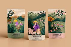 three bags of tea sitting on top of a table next to each other, with illustrations of people in the background